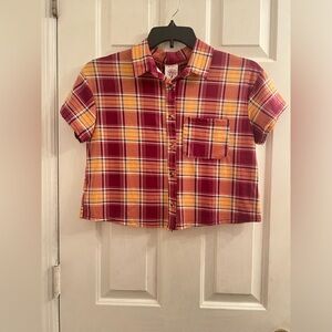 Size large purple orange checkered plaid button up pocket crop top